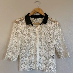 The Kooples Lace and Leather Button Down Blouse
